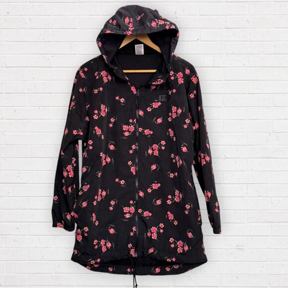 VICTORIA'S SECRET PINK Black Rose Floral Zip Rain Jacket Windbreaker Hoodie S - Picture 1 of 5